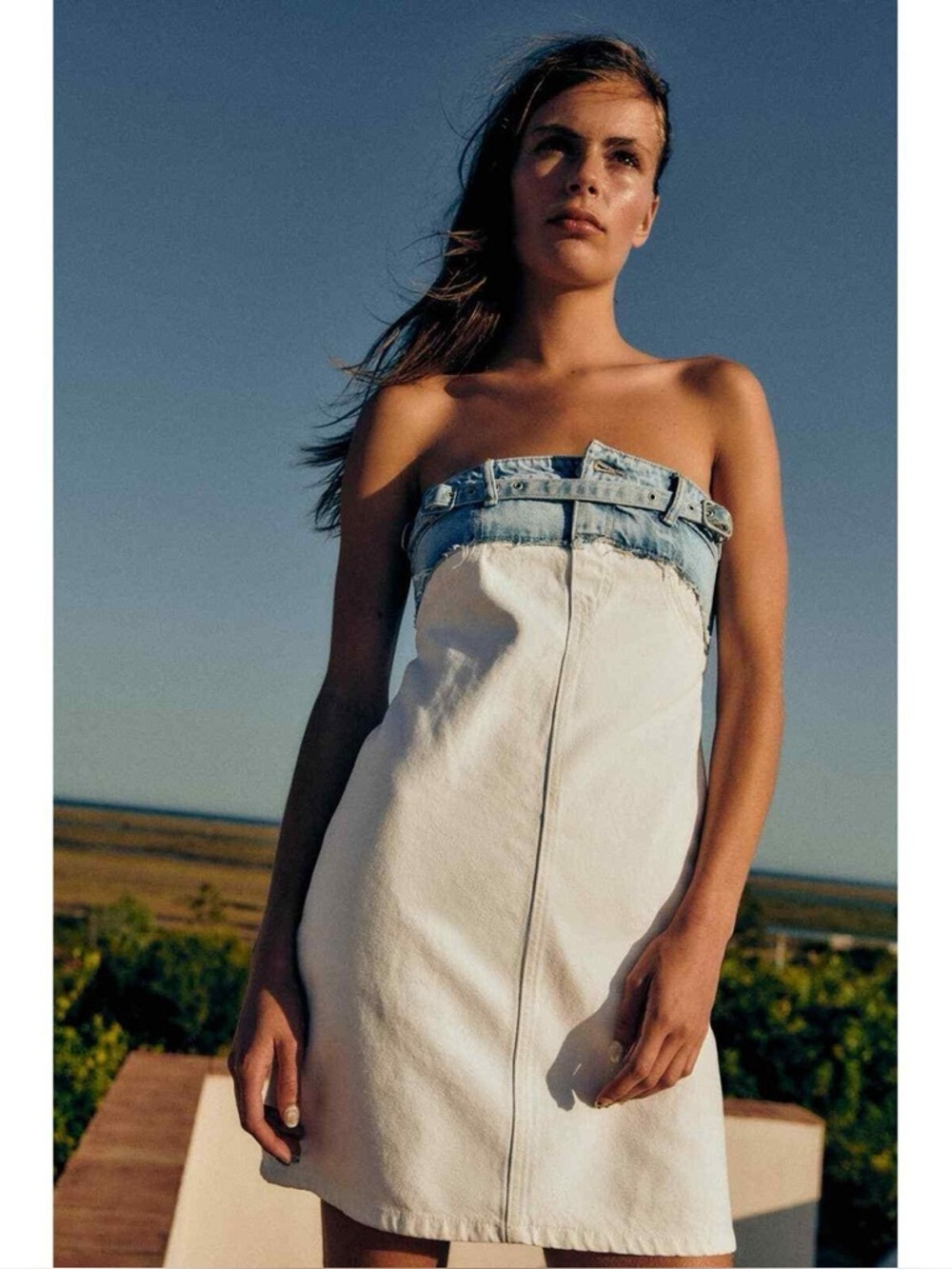 NWT Zara Strapless Denim Trim Mini Dress White Blue Blogger Favorite M